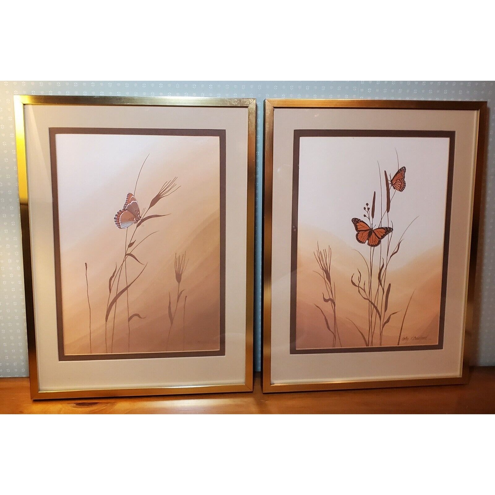 VTG MCM 70s Cathy J Bouchard Pair Of Mushroom Butterfly Signed Litho Art Prints