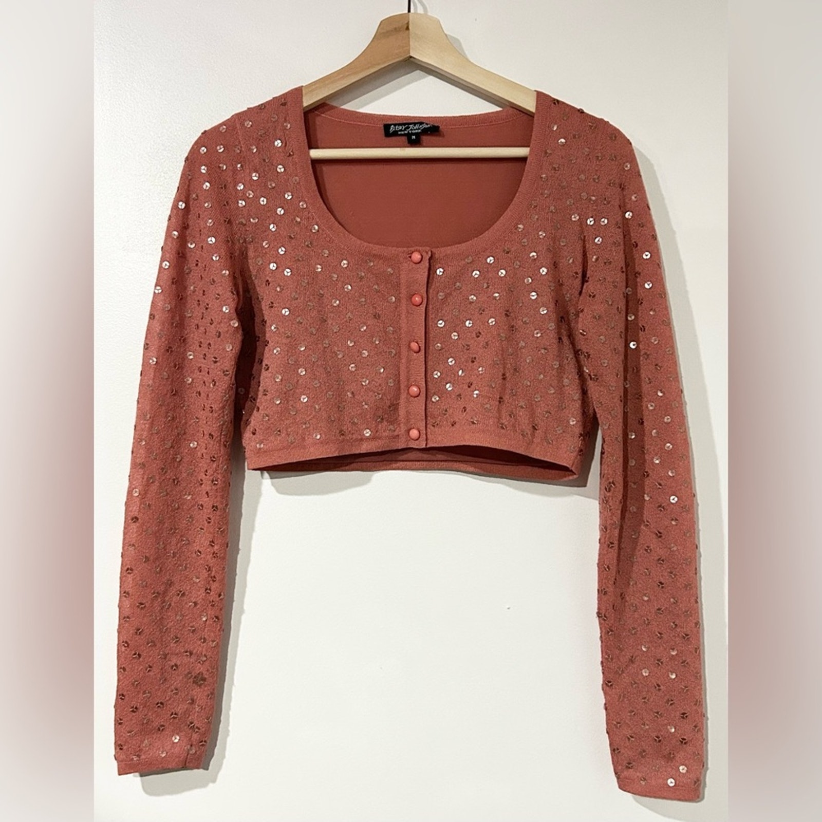 Vintage 90s Betsey Johnson Crop Sequin Cardigan Top Clay Pink M