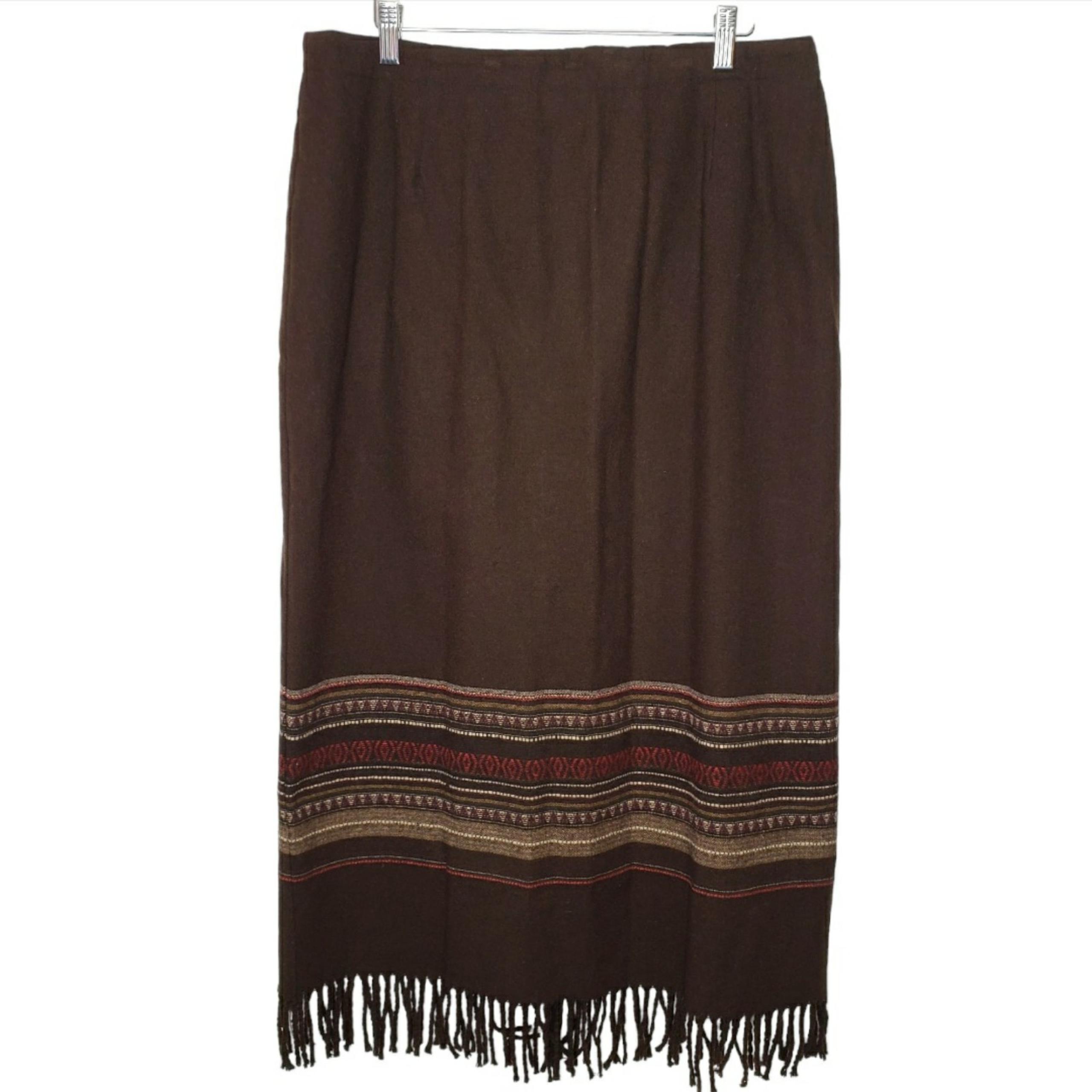 Dressbarn Size 16 Maxi Blanket Skirt Wool Blend Chocolate Fringe Made In USA VTG