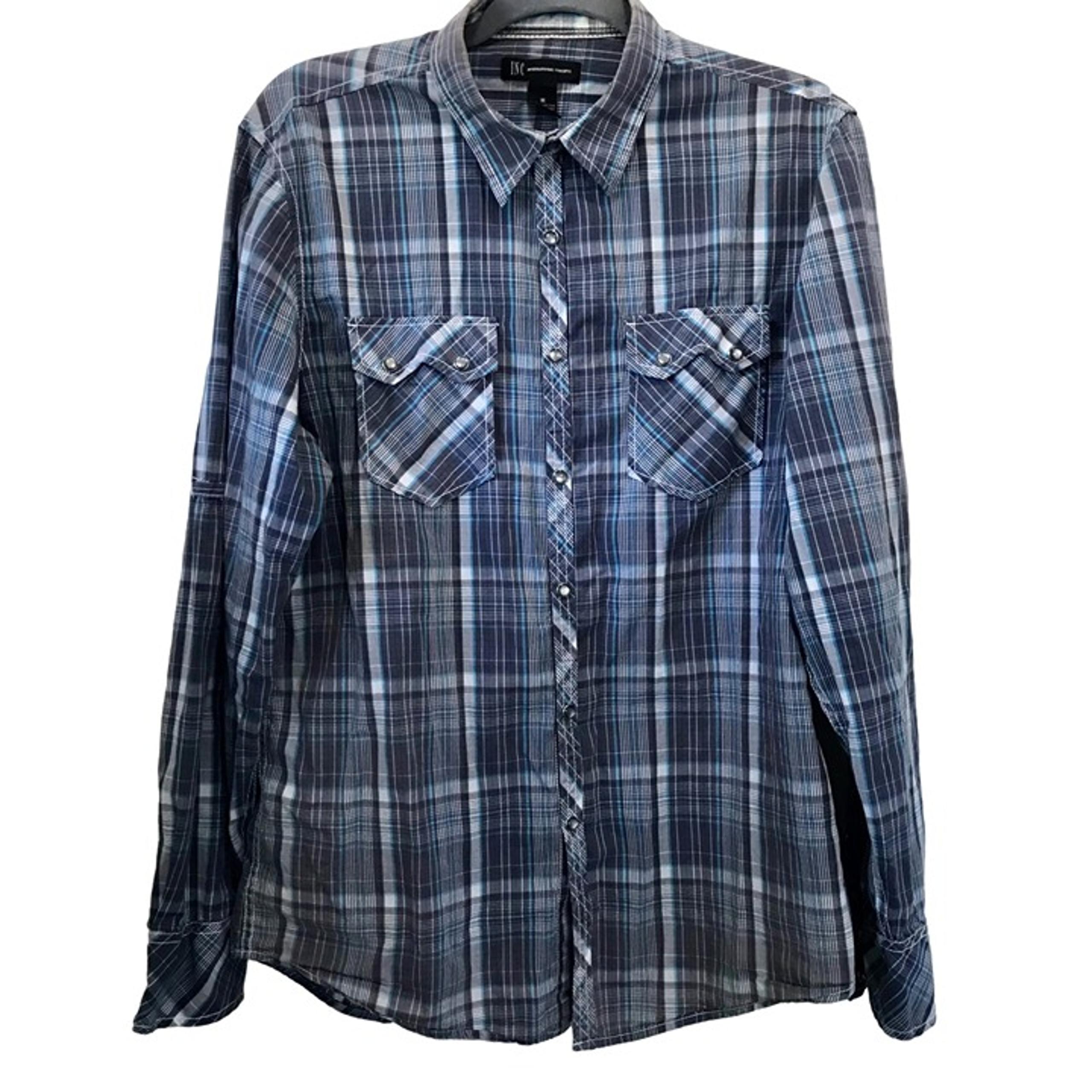 Pearl Snap Men's Blue Gray Plaid Long-Sleeve Button-Up Size M. Western. Rodeo