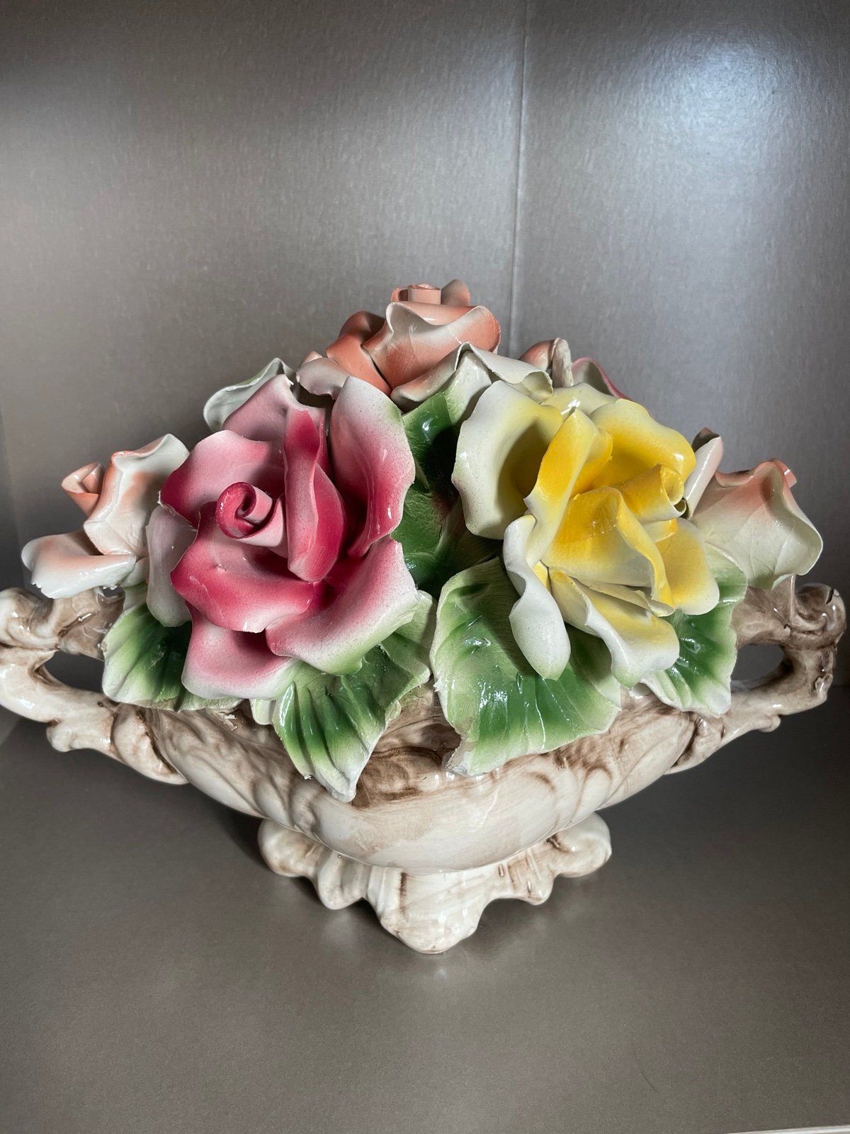 Exquisite Vintage Capodimonte Porcelain Floral Round Basket Centerpiec Italy