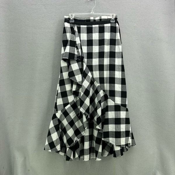 NWT C+J Collection Womens Black White Ruffle High Low Buffalo check Skirt Medium