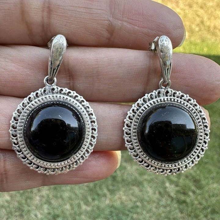 VTG Dangle Earrings 925 Sterling Silver Black Glass Floral Edge Stud Boho 12.3g