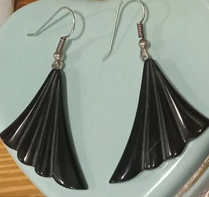 Vintage Sterling Silver Genuine Onyx Gemstone Art Deco Style Fan Drop Earrings