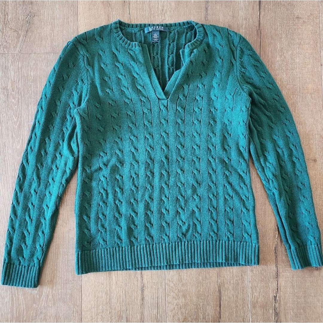 Lauren Ralph Lauren women's green cable knit sweater large preppy academia cozy