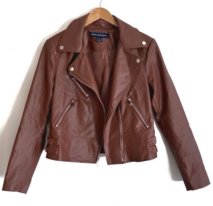 French Connection Brown Faux Leather Biker Jacket