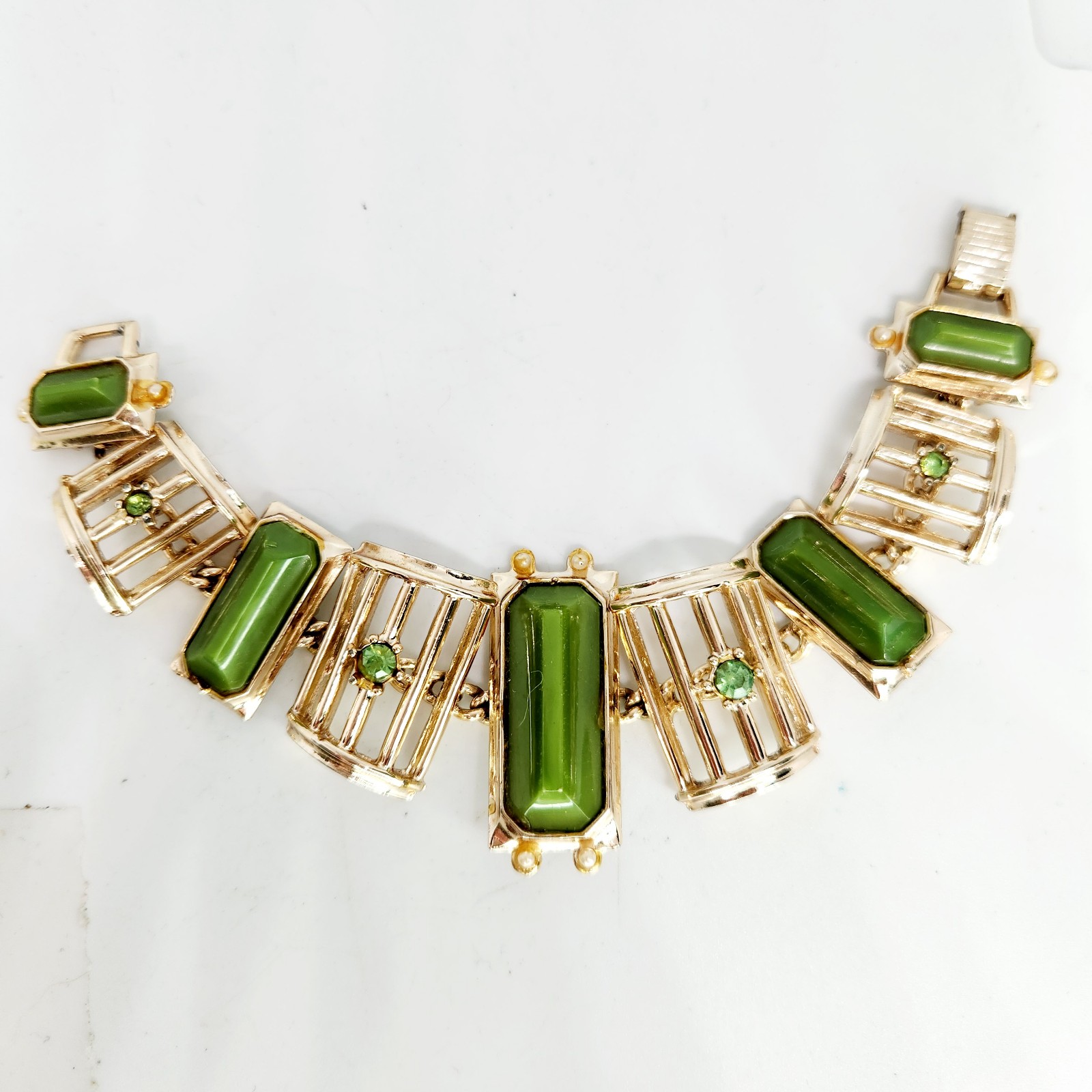Vintage Art Deco Gold Tone Green Panel Link Bracelet Uranium Glass Rhinestone 7