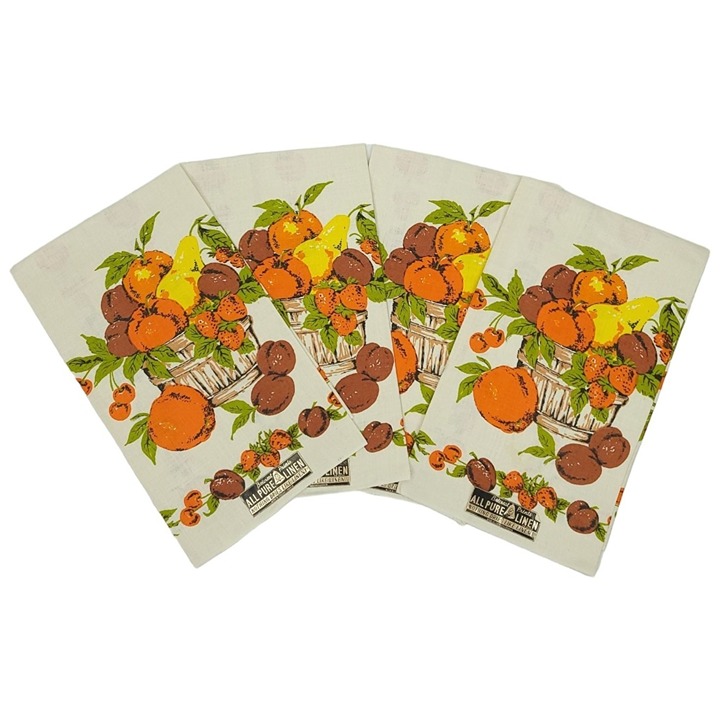 Belcrest Prints Tea Towel Fruit Bowl Pears Apple Strawberries Linen NOS Lot of 4