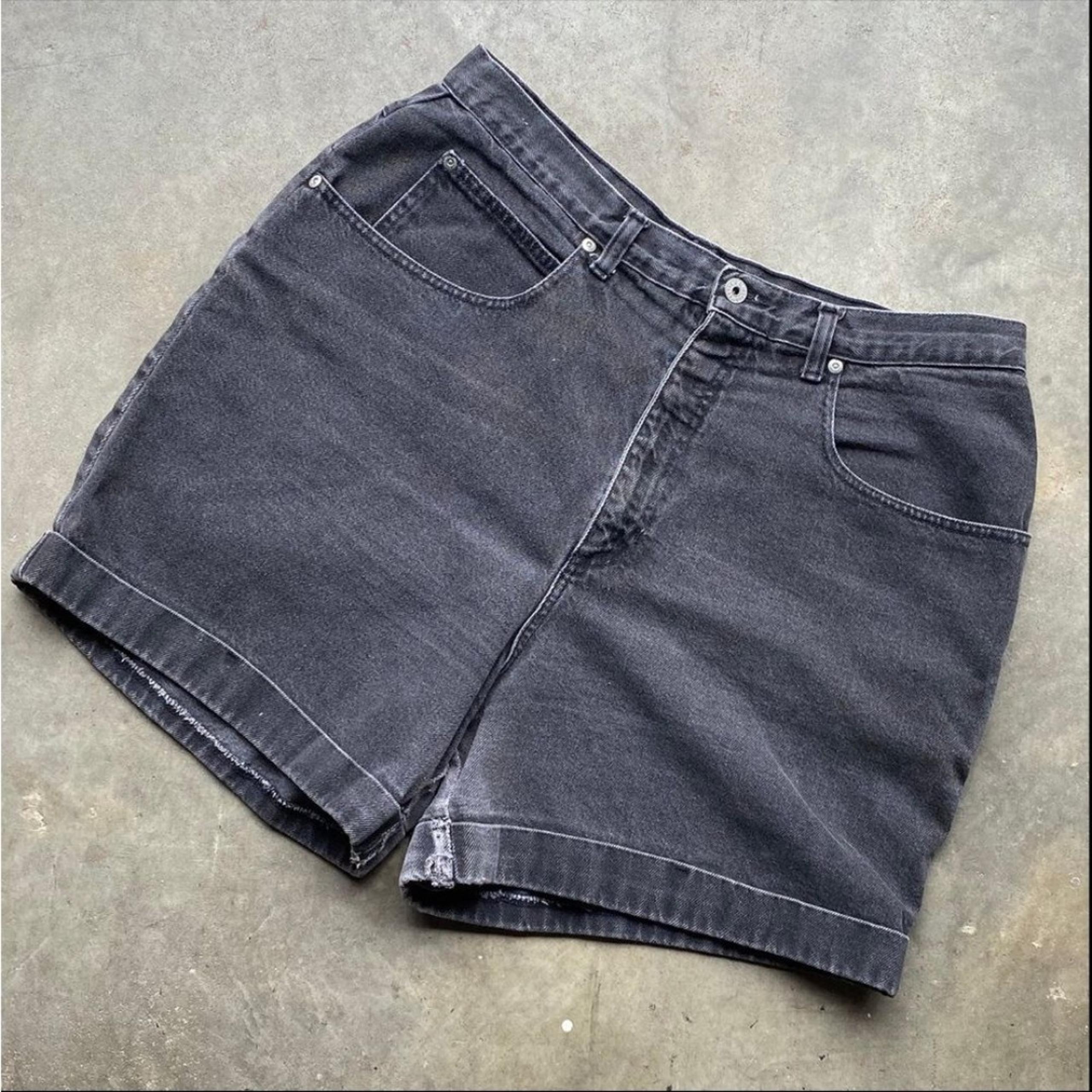 VINTAGE WOMENS LA BLUES BLACK FADED DENIM SHORTS Plus Size 20 High Waisted