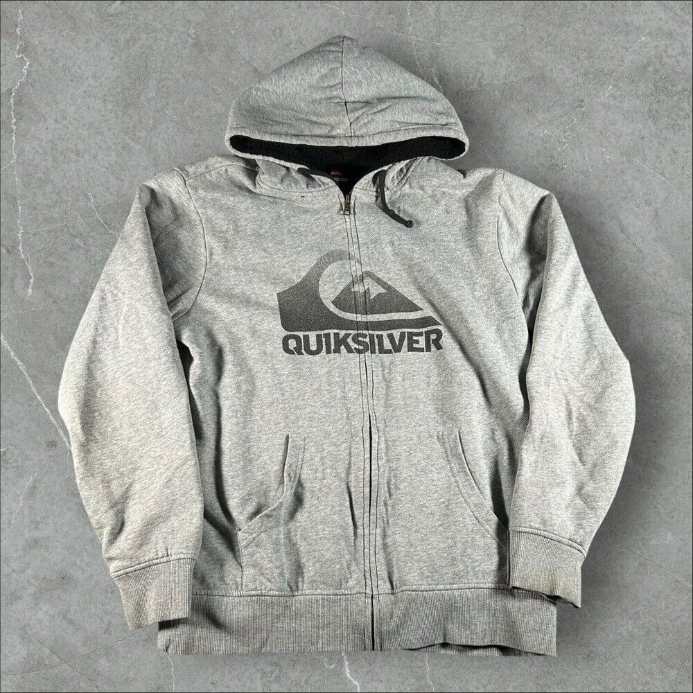 Vintage Quiksilver Hoodie Mens Large Grey 90s Y2K Surfwear Skater Grunge Sherpa