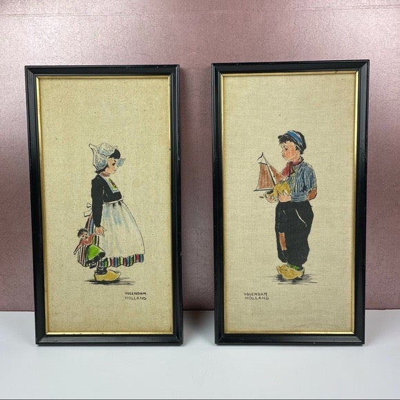 Vintage Volendam Holland Boy Girl Framed Painting Art