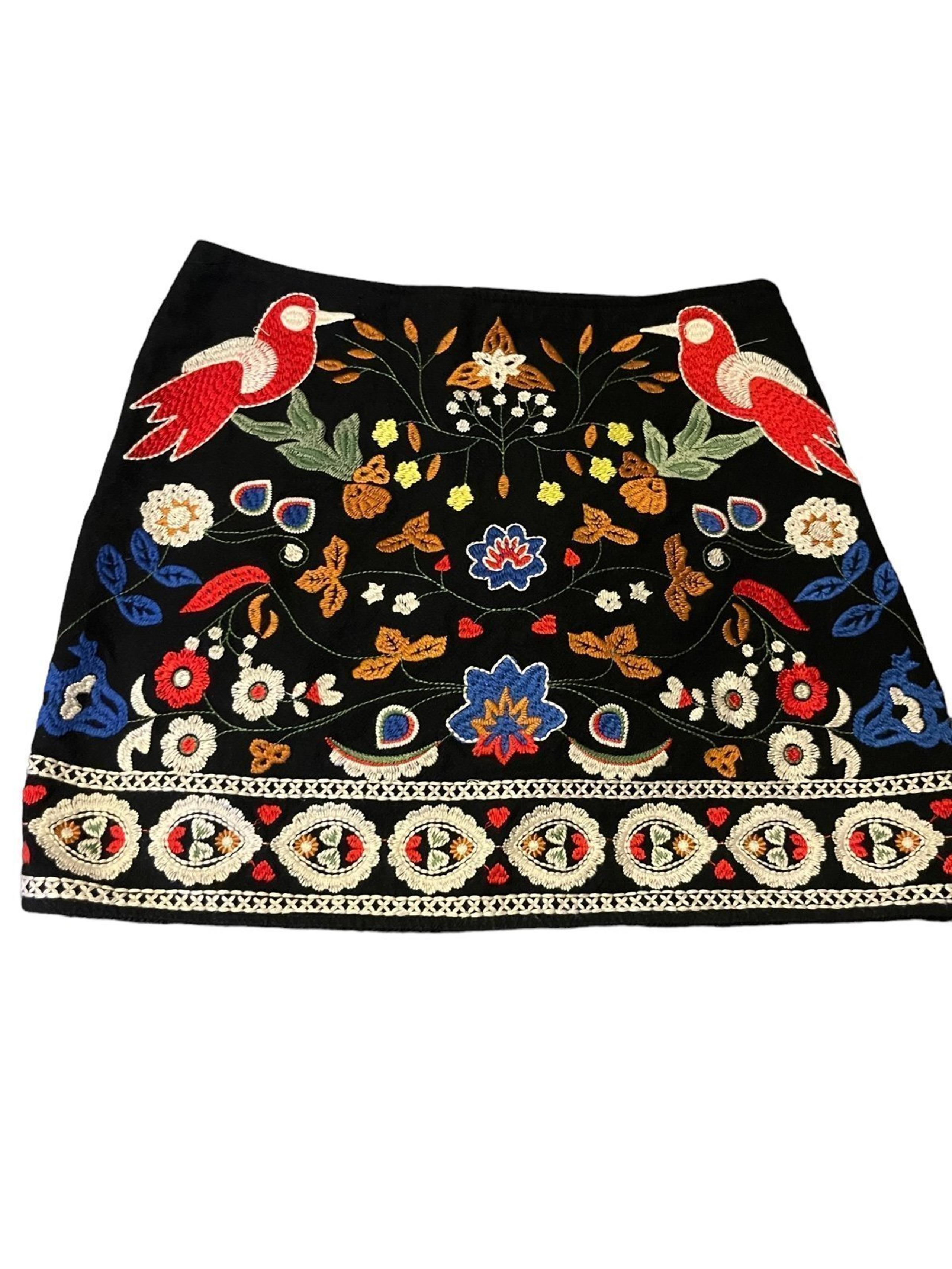Umgee Embroidered Mini Skirt Womens Size S  Gray Bird Floral Boho