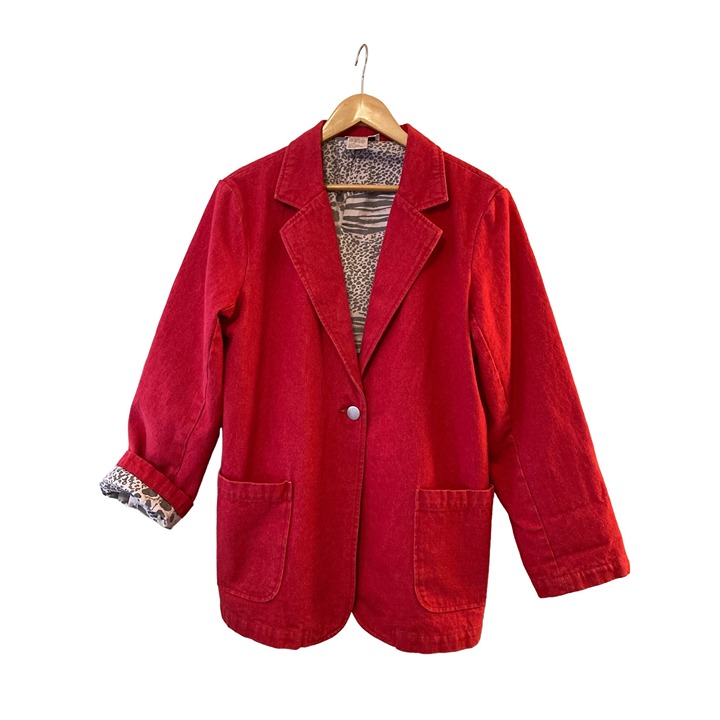 Vintage Lew Magram Women's Denim Red Jacket Blazer Lined Leopard Pockets Sz 16