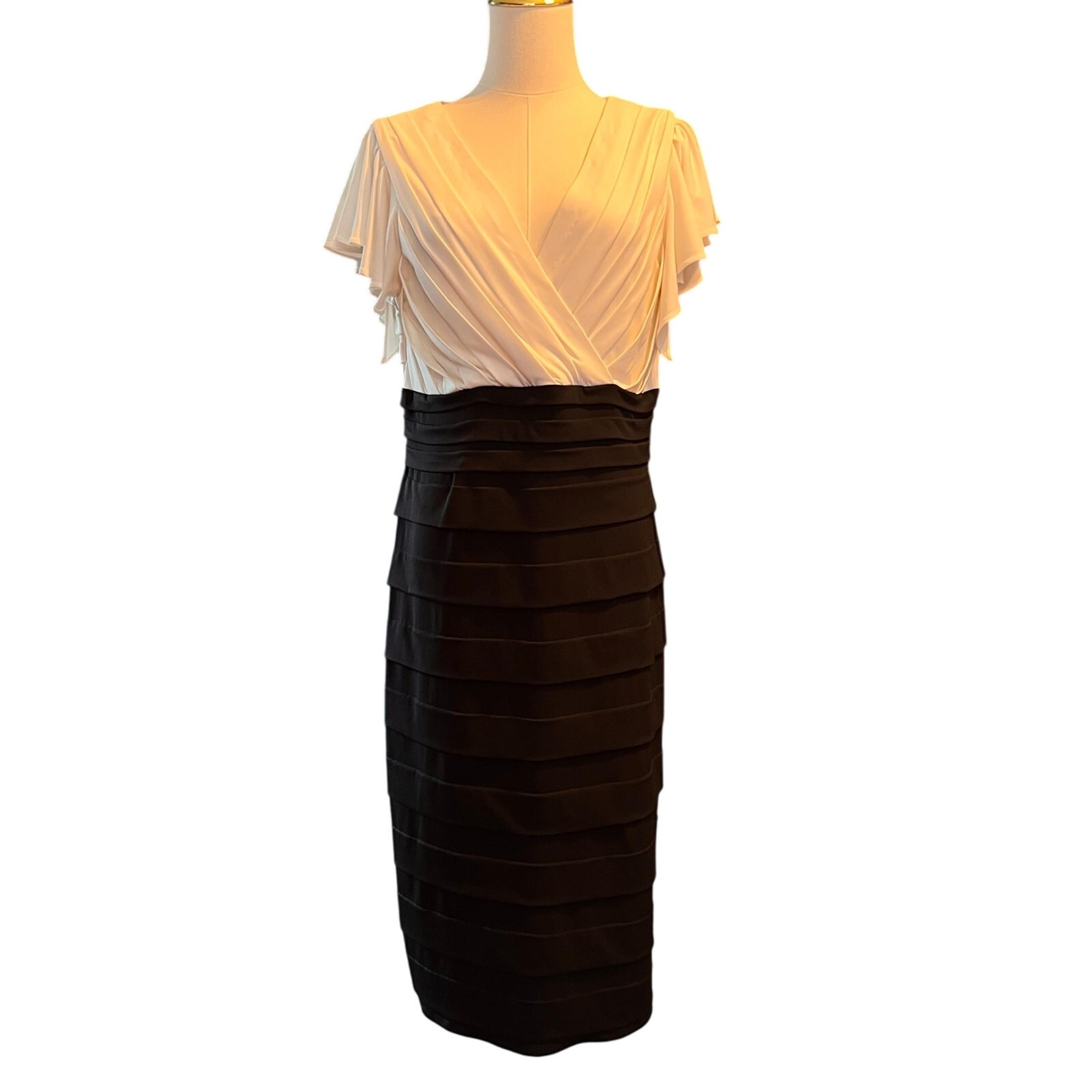 Melrose Womens Black White Colorblock Flutter Sleeve Pleated Sheath Dress Sz 14