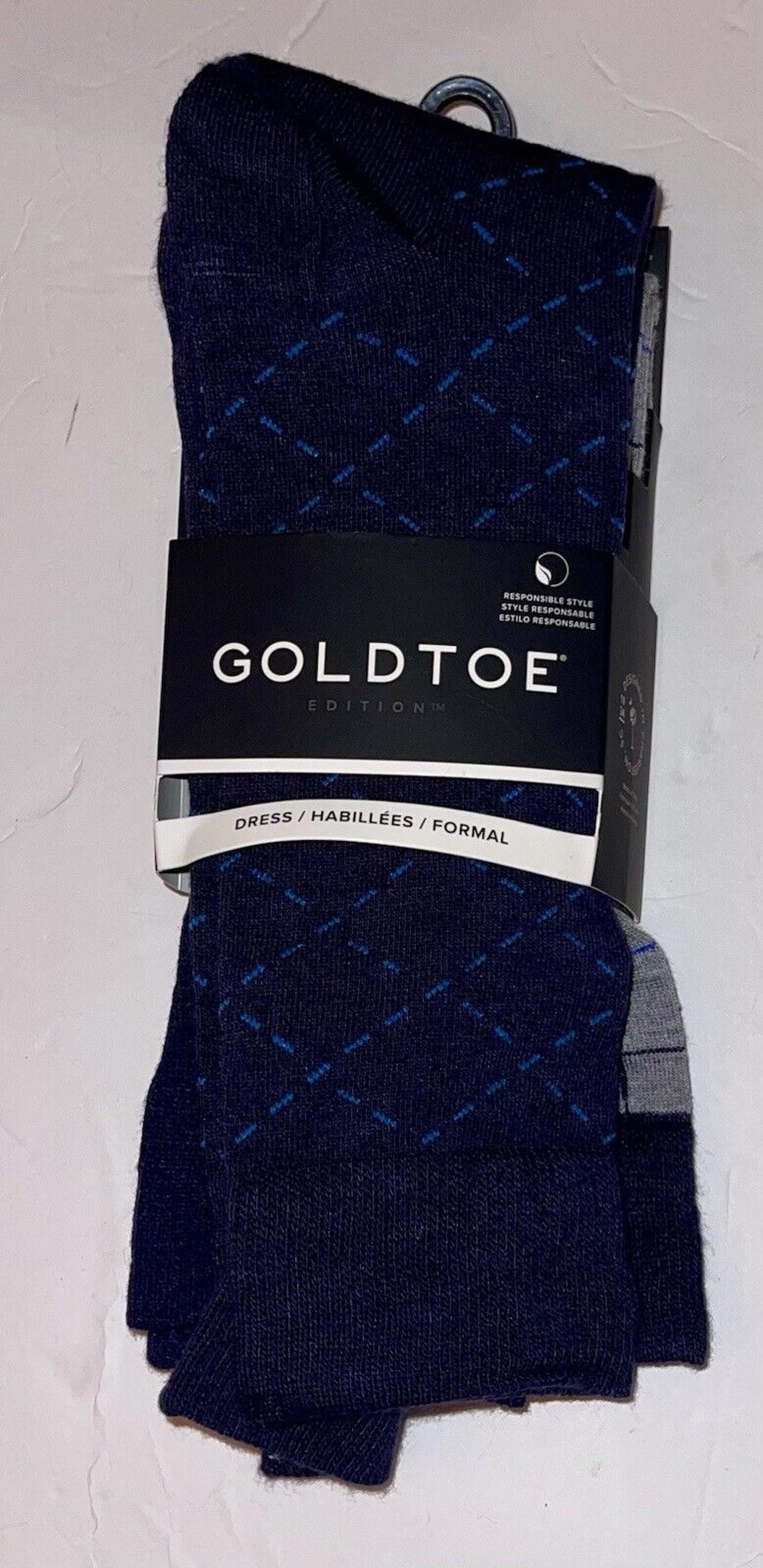 Gold Toe Mens 3 Pack Navy Solid & Print Crew Dress Socks Arch Support New