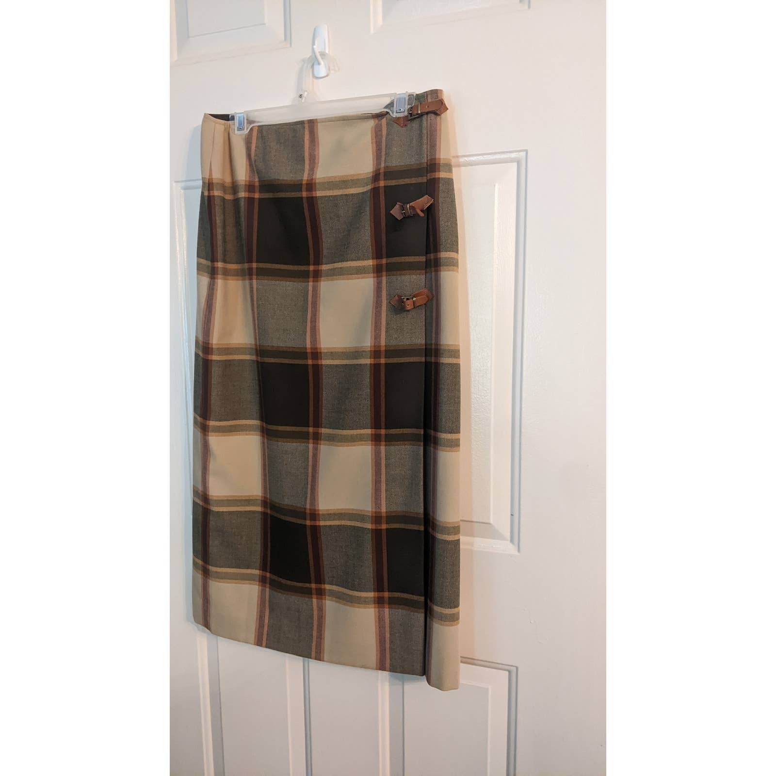 Rena Rowan Plaid Wrap Skirt with Leather Buckle Accents, Size 12, Brown & Grey