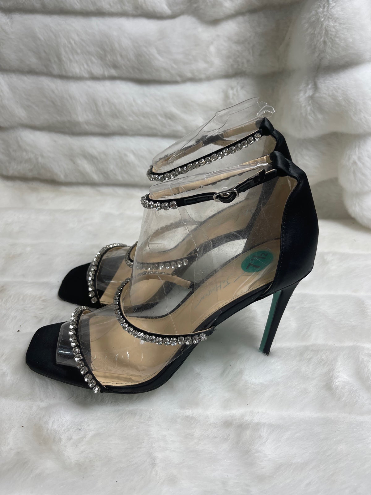 Betsey Johnson SB-Elisa black satin rhinestones straps .ankle strap heels SZ 7.5