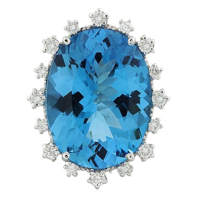 32.55Ct Natural Oval Blue Topaz & Diamond Halo Solitaire Ring 14k White Gold
