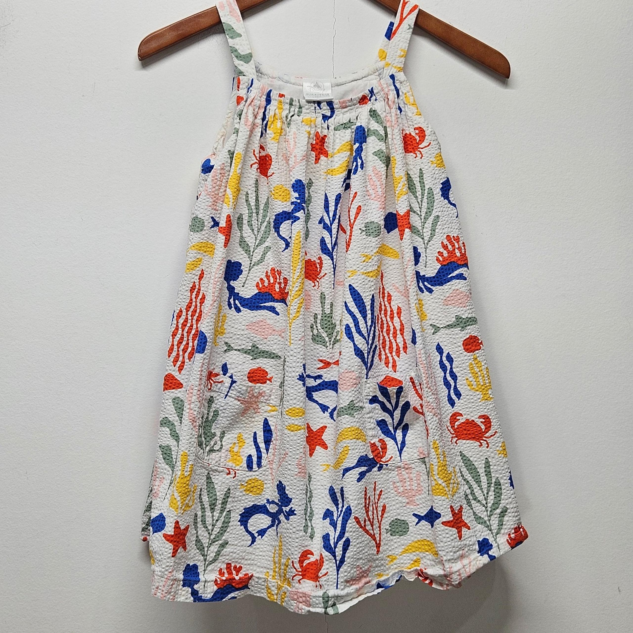 Disney Girls Sleeveless Dress 7/8 Colorful Sea Life Pattern Cotton Mermaid EUC