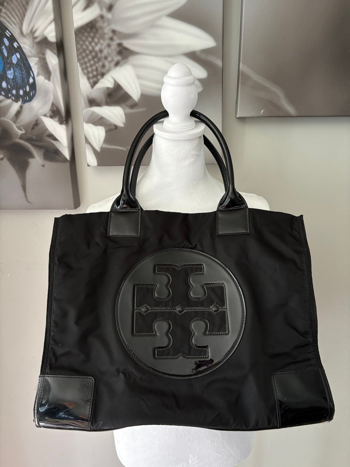 TORY BURCH Tote Bag Large Logo Nylon Black From Japan Authentic