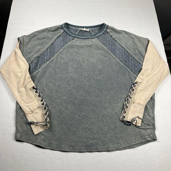 Oli & Hali Crochet Trim Sweatshirt Blue Washed Relaxed Boho Lace Up Sleeve LARGE