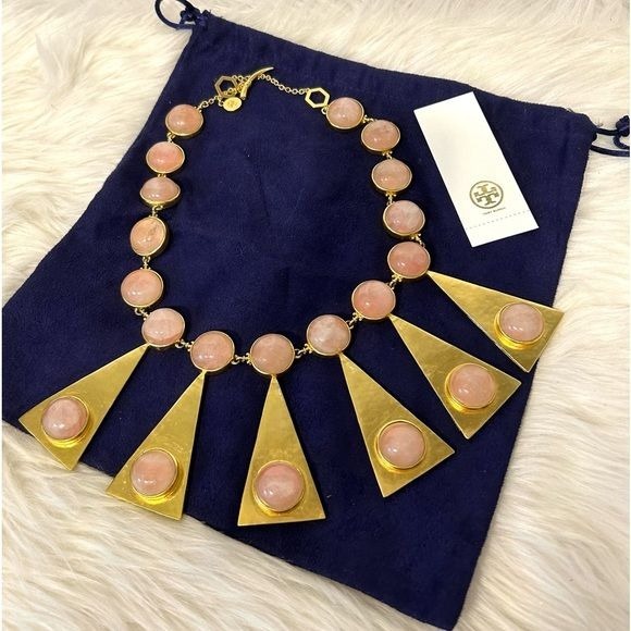 Tory Burch Triangle Pink Quartz Stone Statement Necklace New!