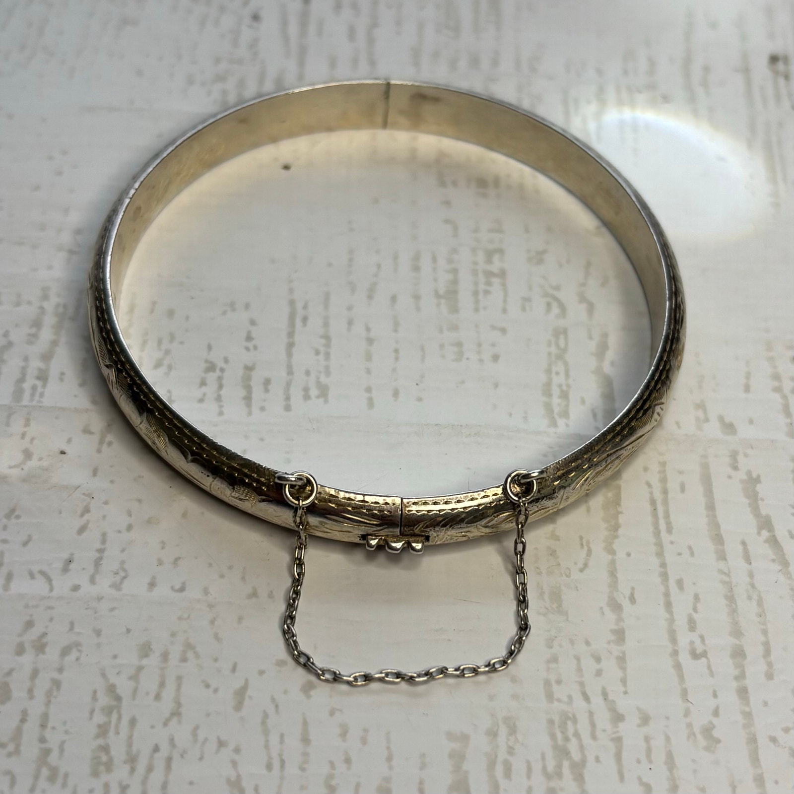 Vintage 925 Silver Etched Hinged Bracelet with Security Chain