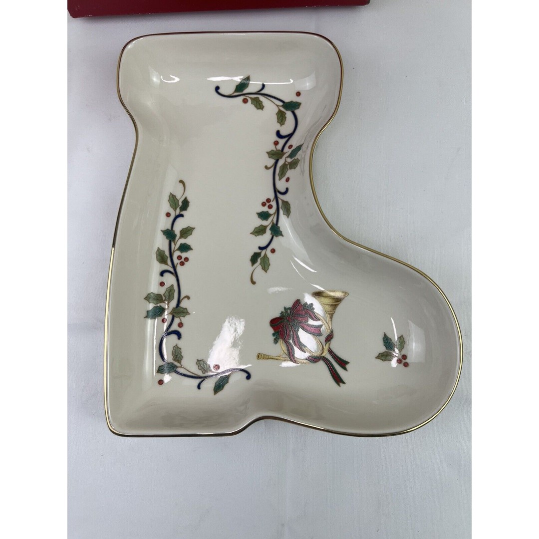 MIKASA Holiday Bloom Fine Porcelain Candy Nut Dish Christmas Stocking Gold Rim