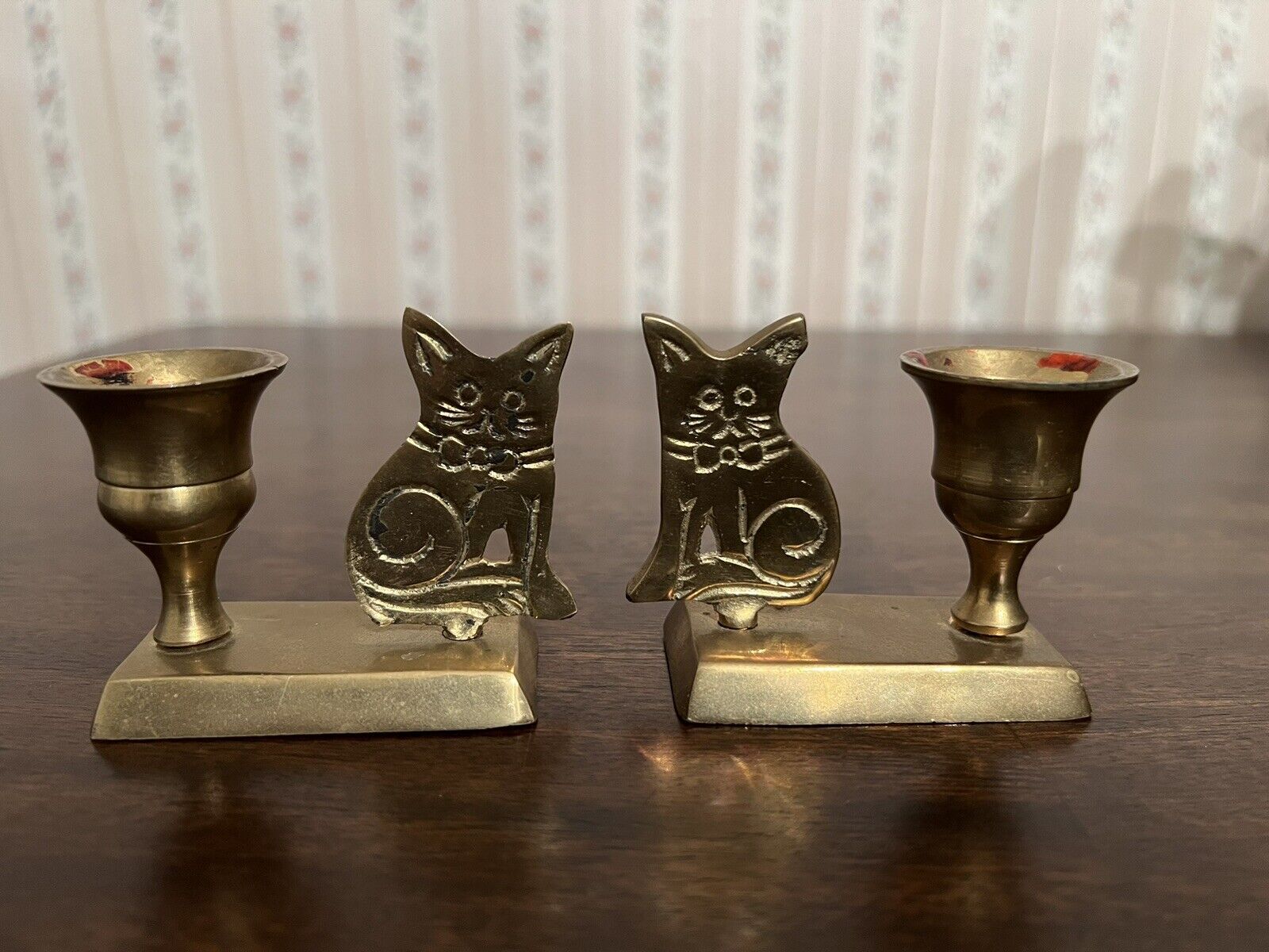 Vintage 2.5” Cat Kitty Adorable Brass Candlesticks Candle Holders Set/2 Rare