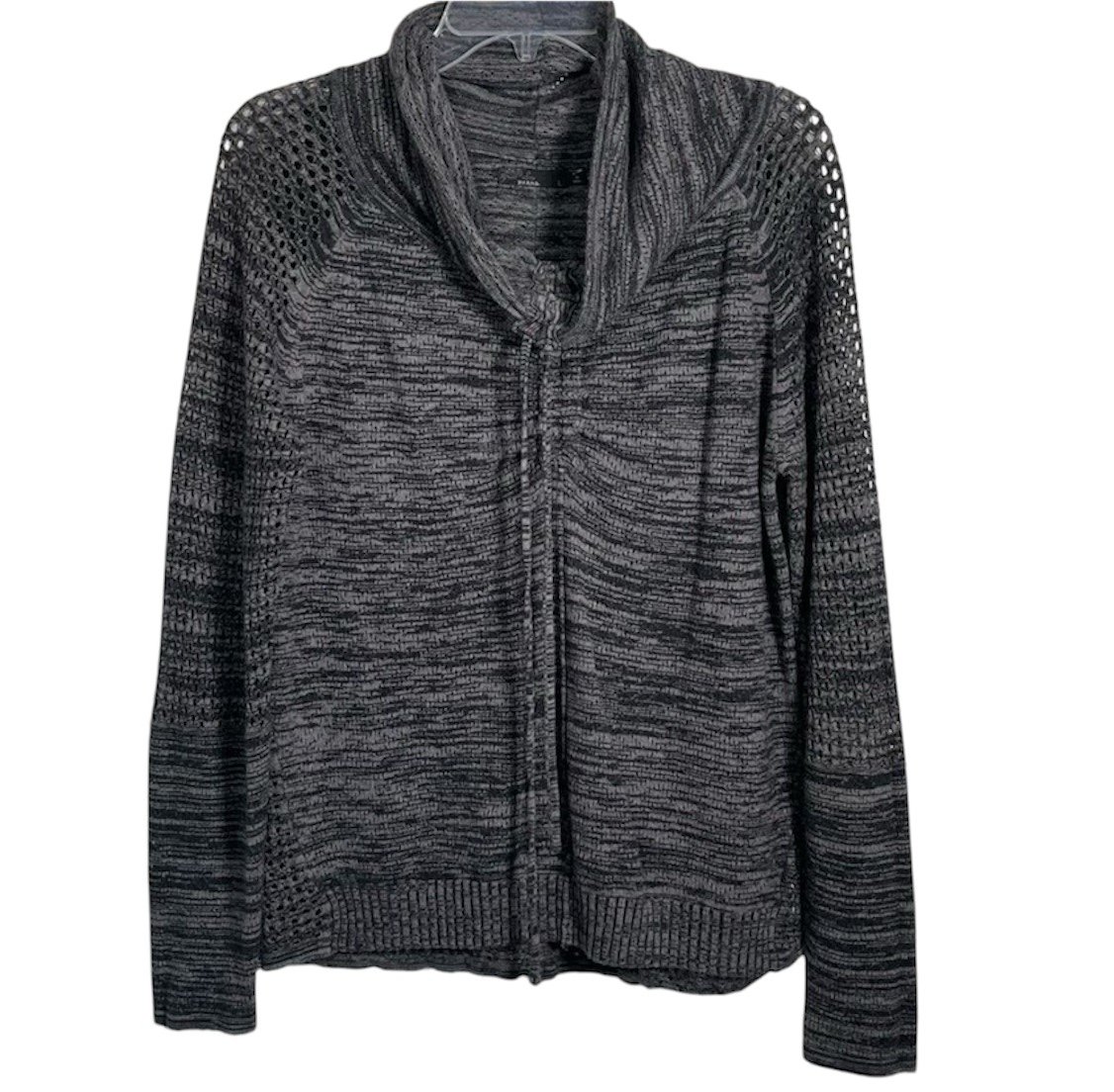 Prana Sz L Wool Blend Cowl Neck Sweater Perforated Back Sleeves Gray Space Dye