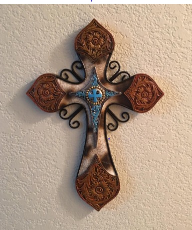 Cowhide Tooled Leather Cross with Turquoise Layer in Resin and Metal Combination