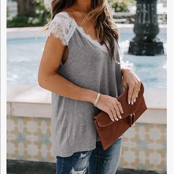 NEW V Neck Lace Trim Shirt
