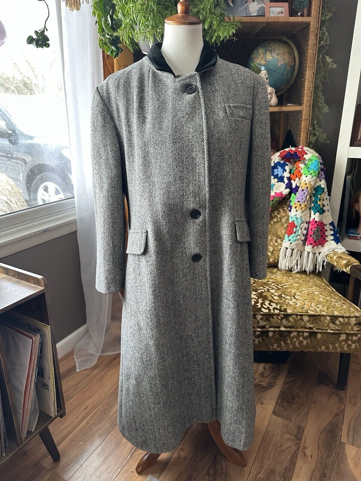 Vintage Wool Blend Longline Maxi Herringbone Gray Black Trench Coat Winter
