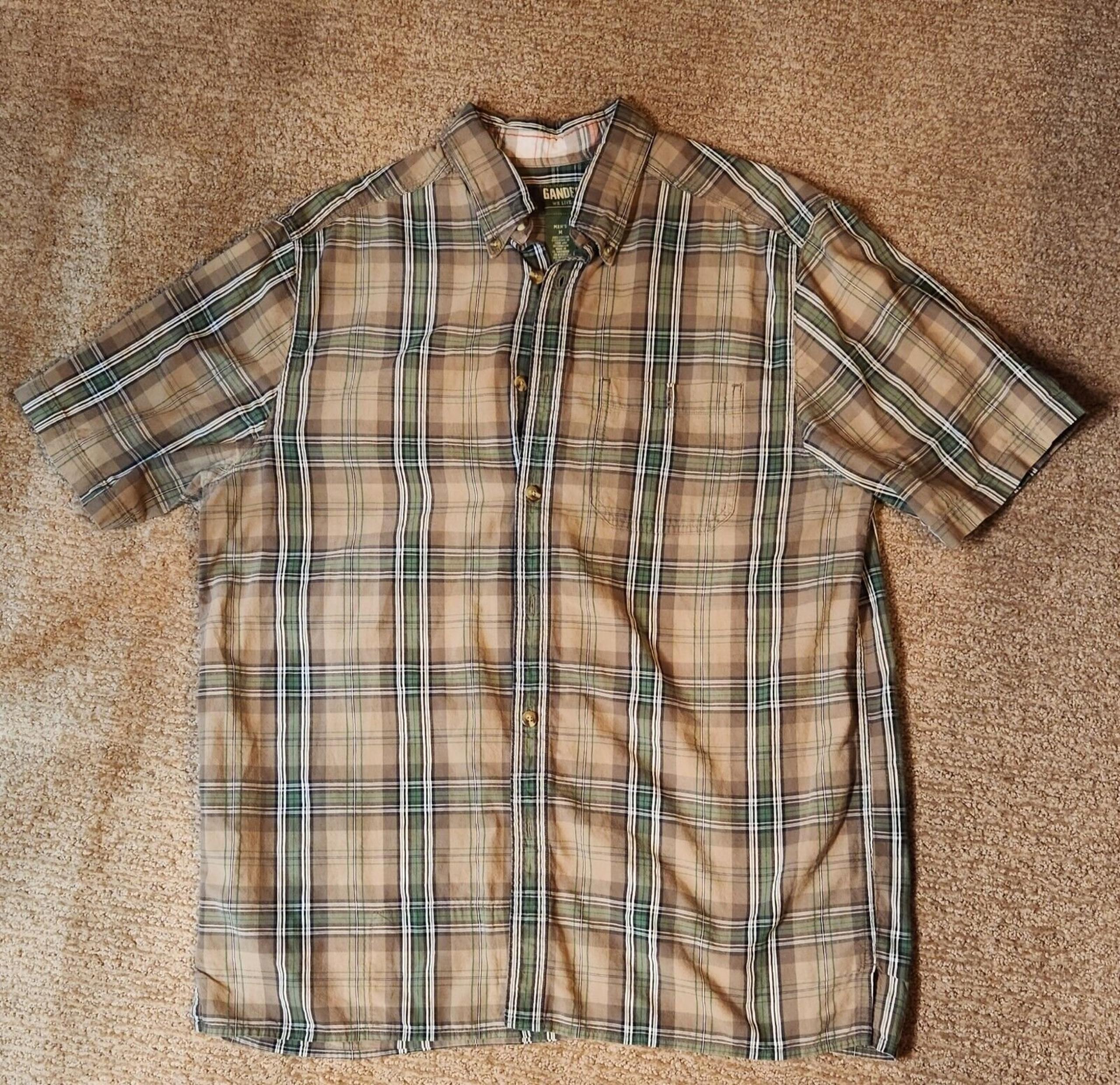 Gander Mountain Men's Shirt Medium Green Brown Plaid Short Sleeve Fishing Hiking
