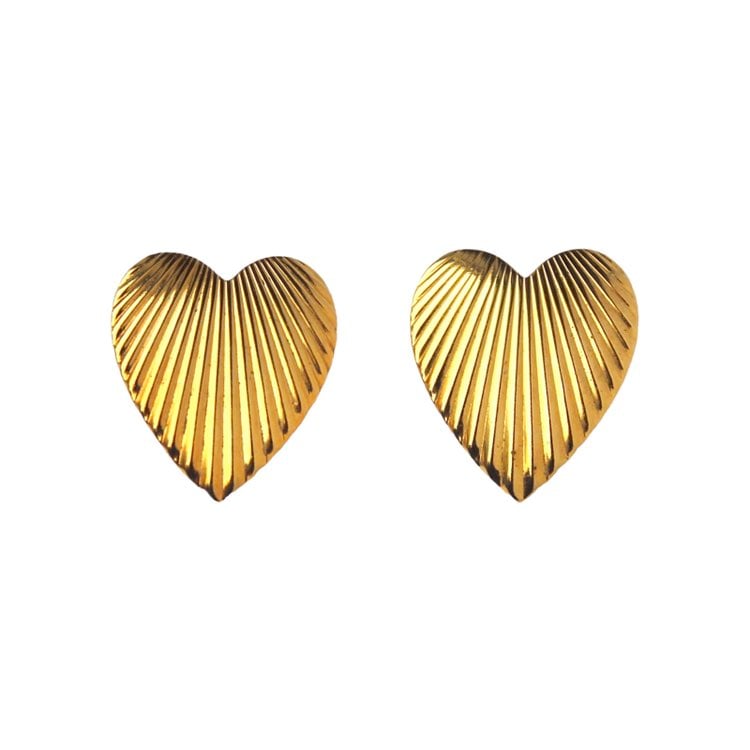 Vintage Heart Stud Earrings Gold Plated Large Studs Retro Ribbed Grooved Texture