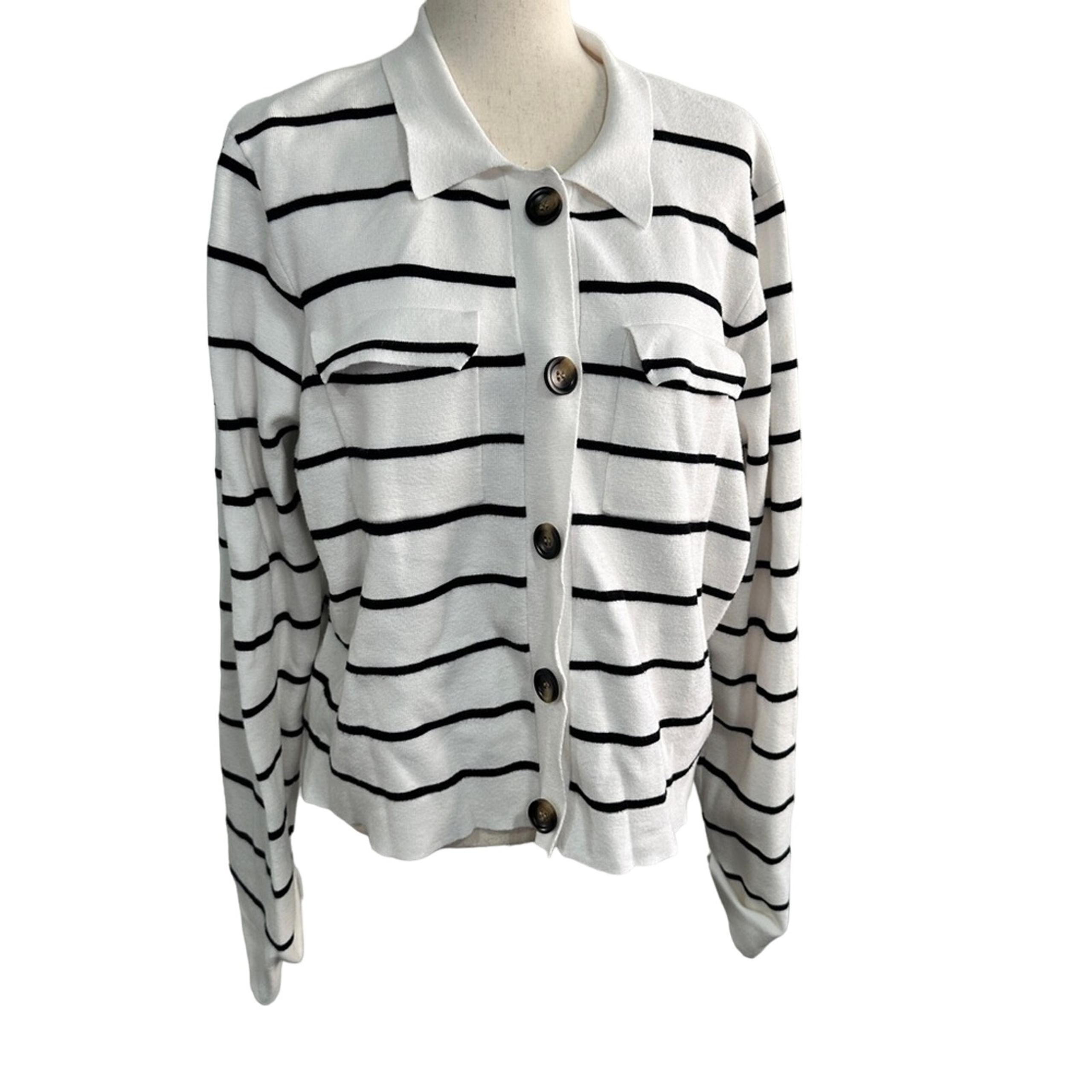 Tahari Size XL White Black Stripe Cropped Boxy Lightweight Sweater Business Chic