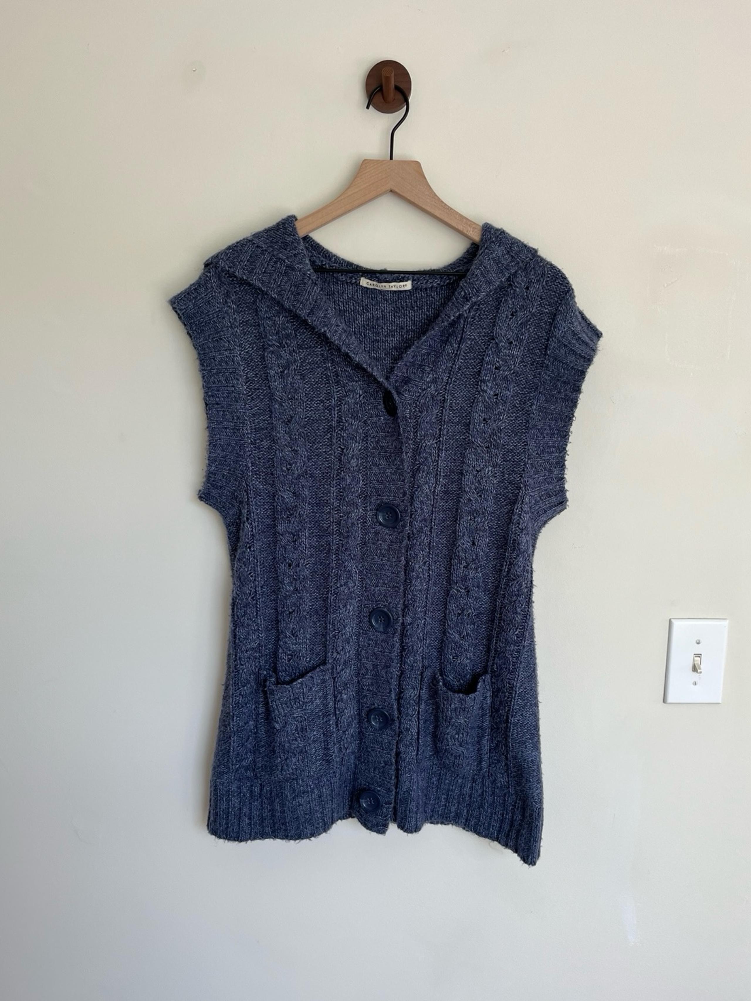 CAROLYN TAYLOR Blue Hooded Button Down Cardigan Sweater Vest Womens Medium