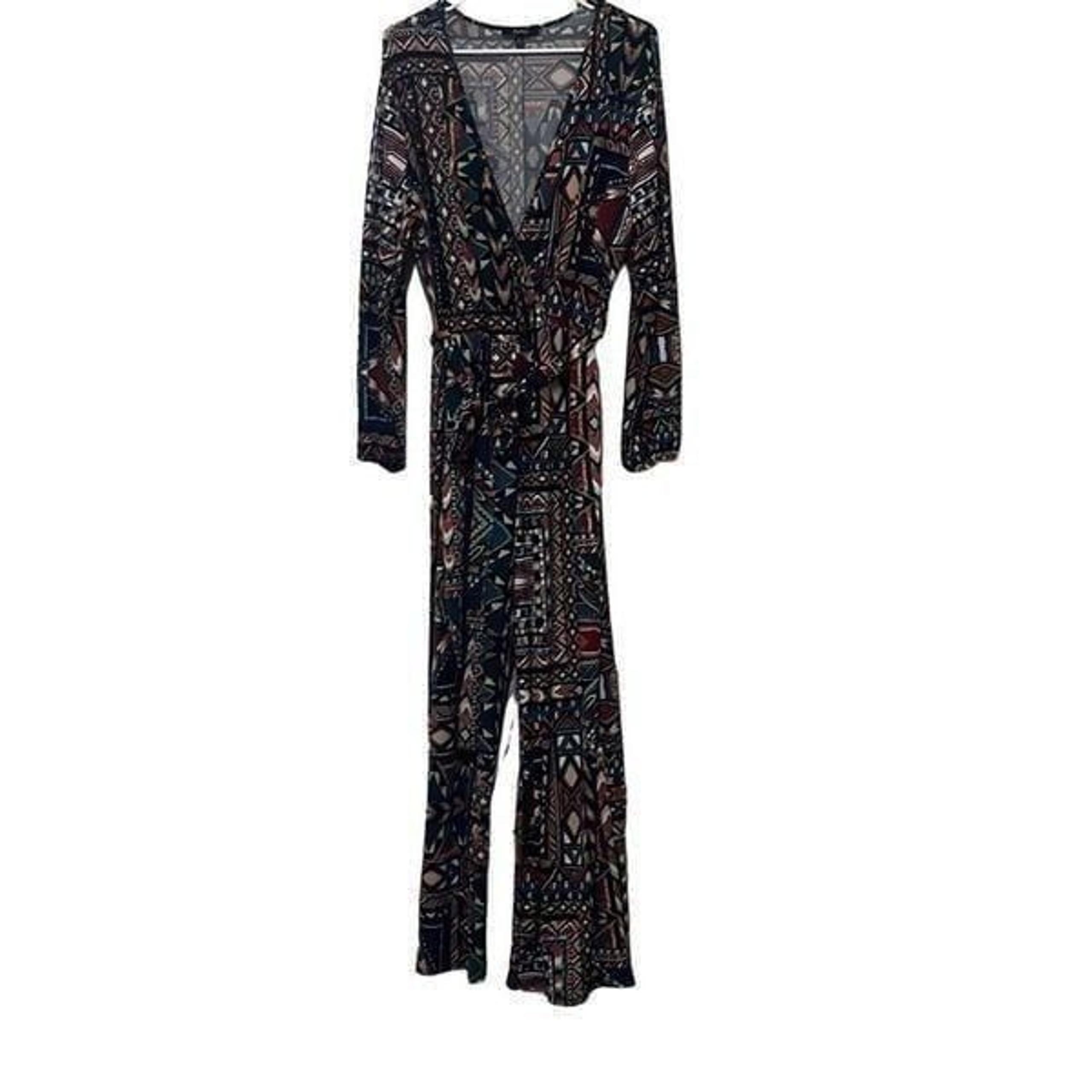 Impulsive Womens Size 2X Faux Wrap Jumpsuit Aztec Tribal Print V Neck Stretch