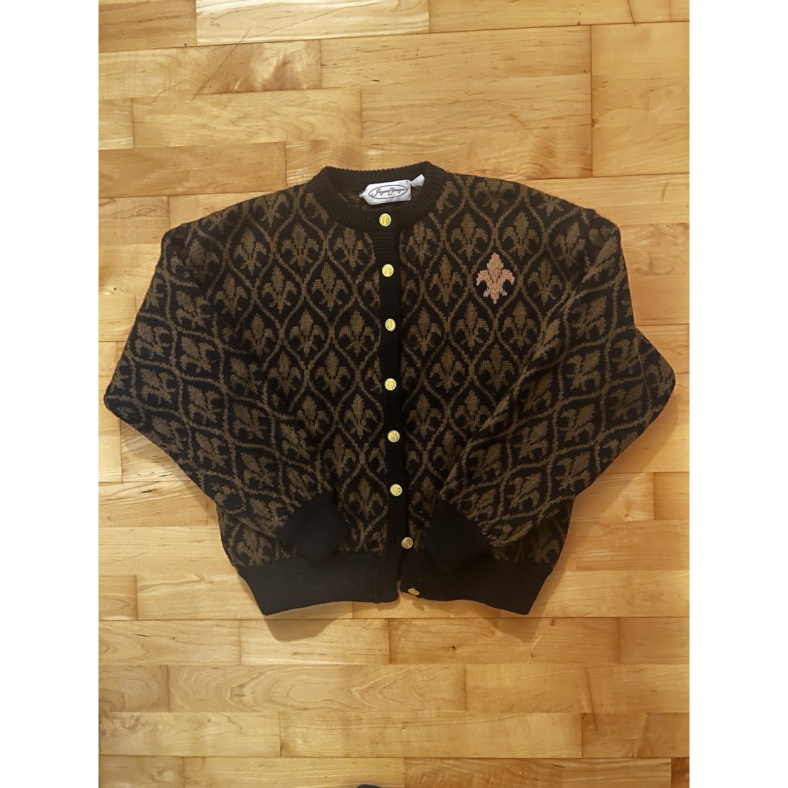 VTG Jayson Younger Fleur De Lis Cardigan Wool Black Gold New Orleans Buttons M