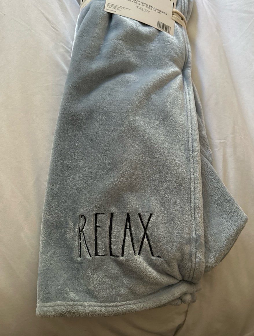 Rae Dunn relax embroidered throw blanket NWT