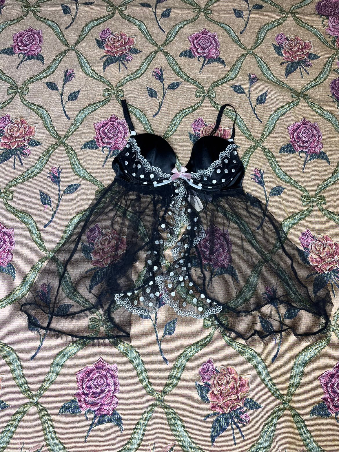 Victoria secret black camisole with polkadots and pink bow 34b New with tags