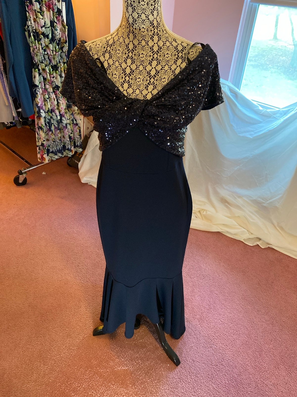 Joseph Ribkoff signature dress in midnight blue high low with sequins on top