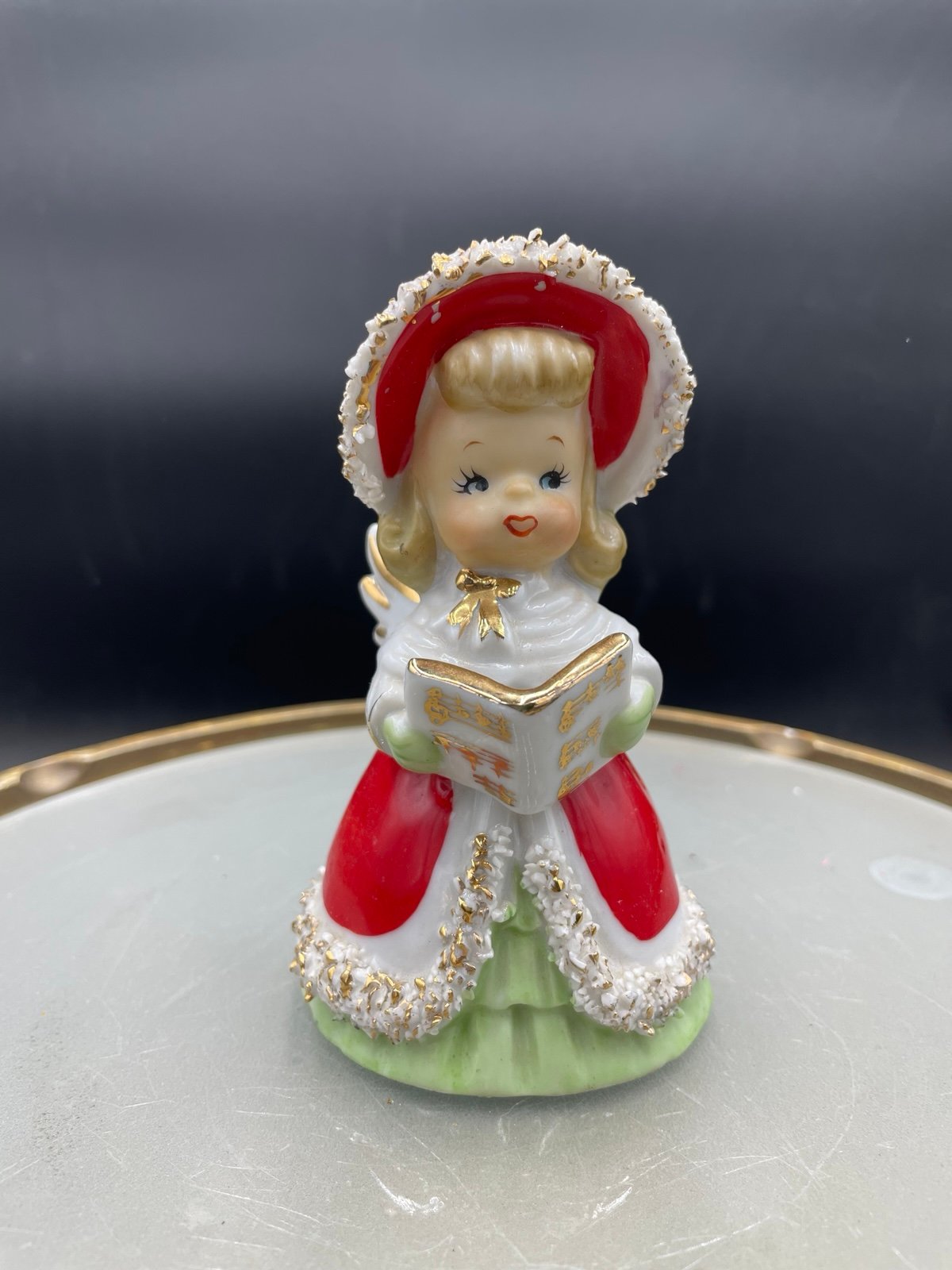 Vintage Geo. Lefton Ceramic Girl Angel Caroling Singing Spaghetti Trim 4.5” Bell