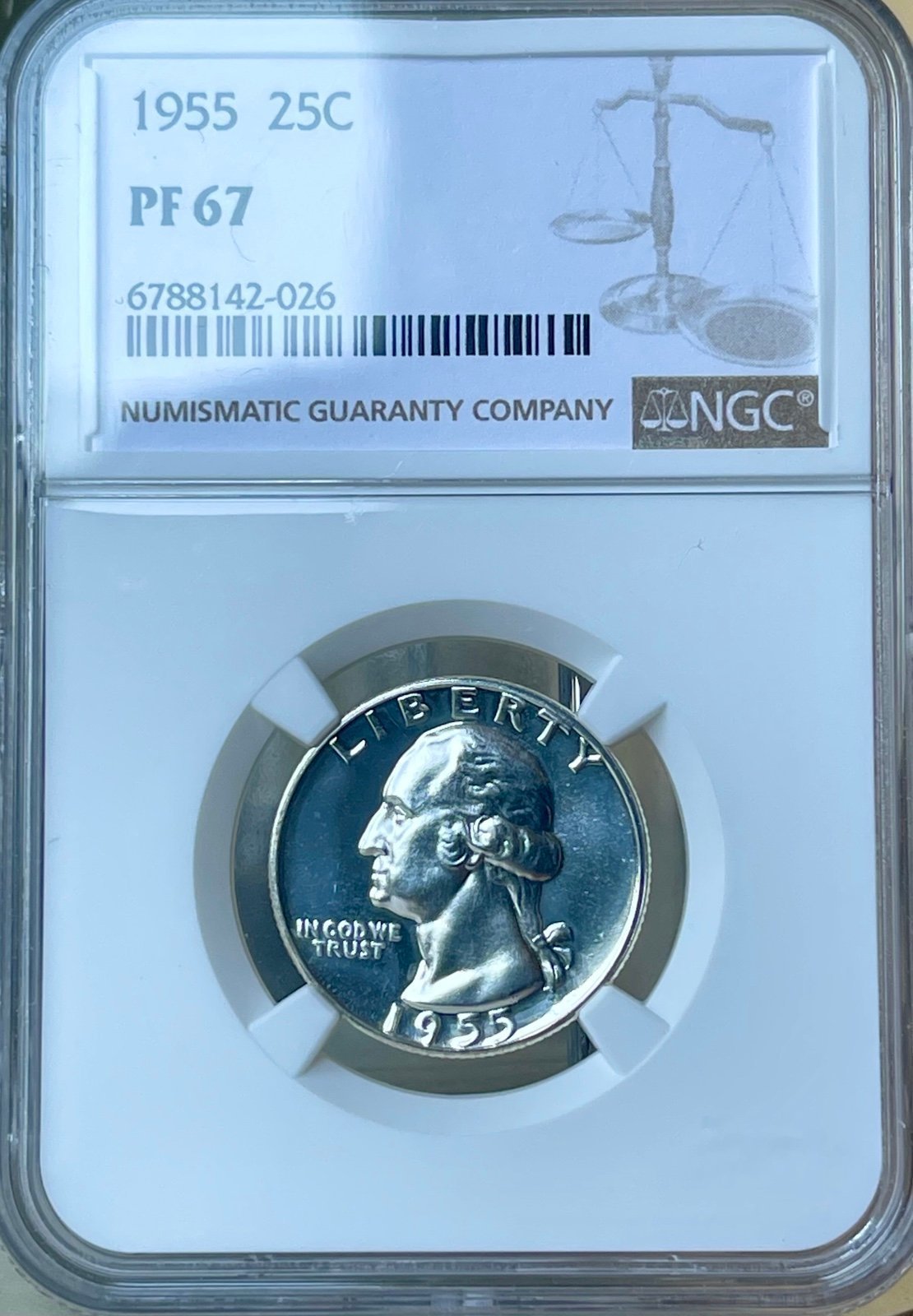 1955-P Washington Silver Proof Quarter ~ NGC Graded Gem Proof PF67 Condition