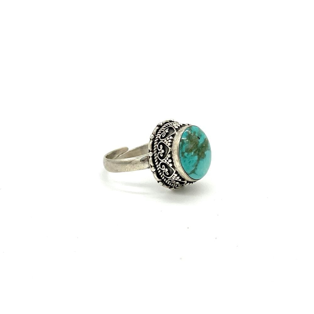 925 Sterling Silver Turquoise Ring Ornate Filigree Boho Ring Size Adjustable 8.5