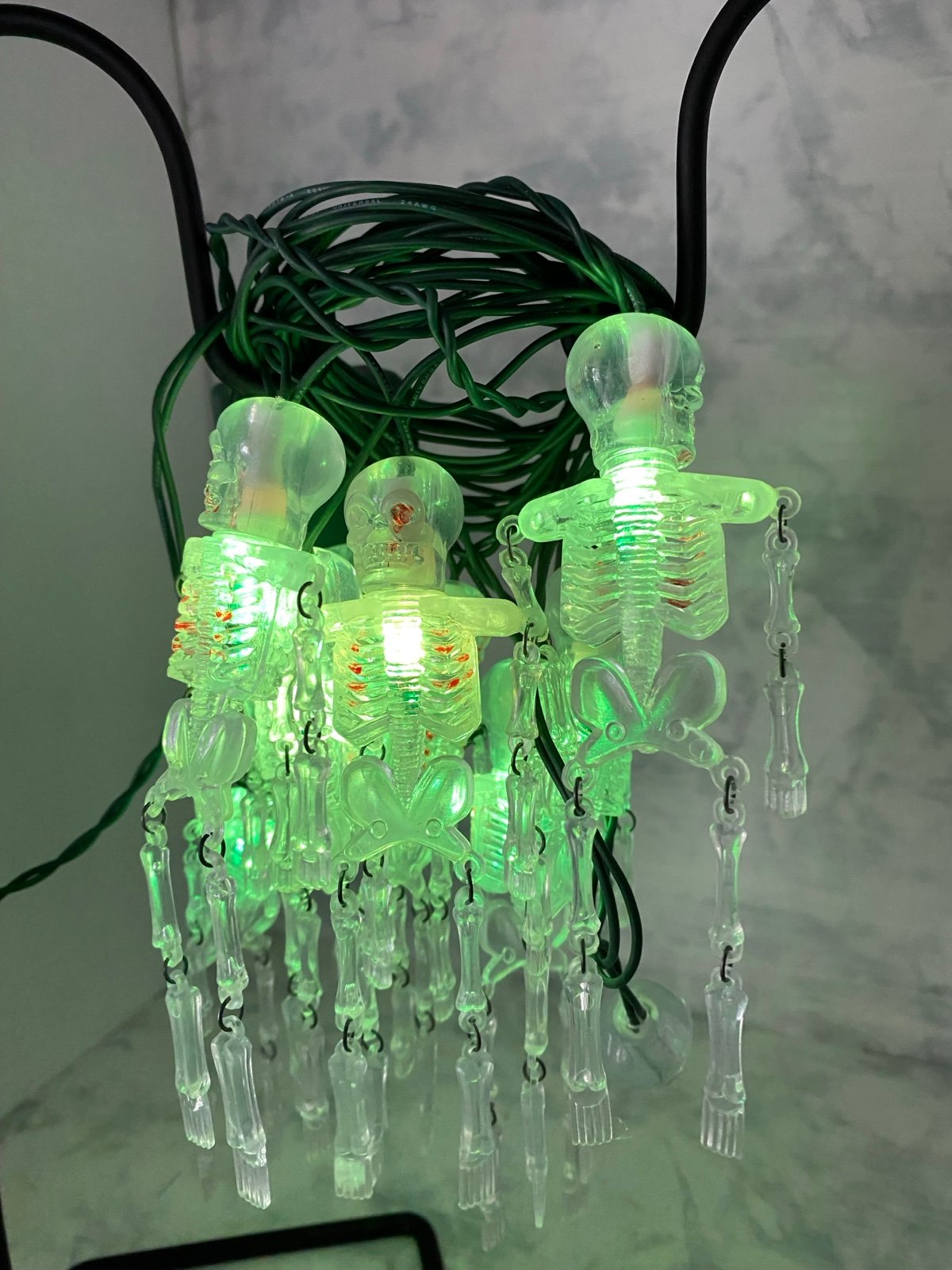 Vintage Clear Hinged 4.5 Skeleton Halloween Green Strobing String Lights WORK