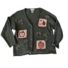 Vintage Mandal Bay Red Apples Country Cottage Button Up Cardigan XXL Green