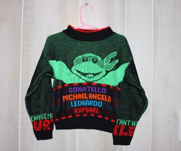 Vintage 1990 Black Knit Multicolored TMNT Turtle Boys Sweater