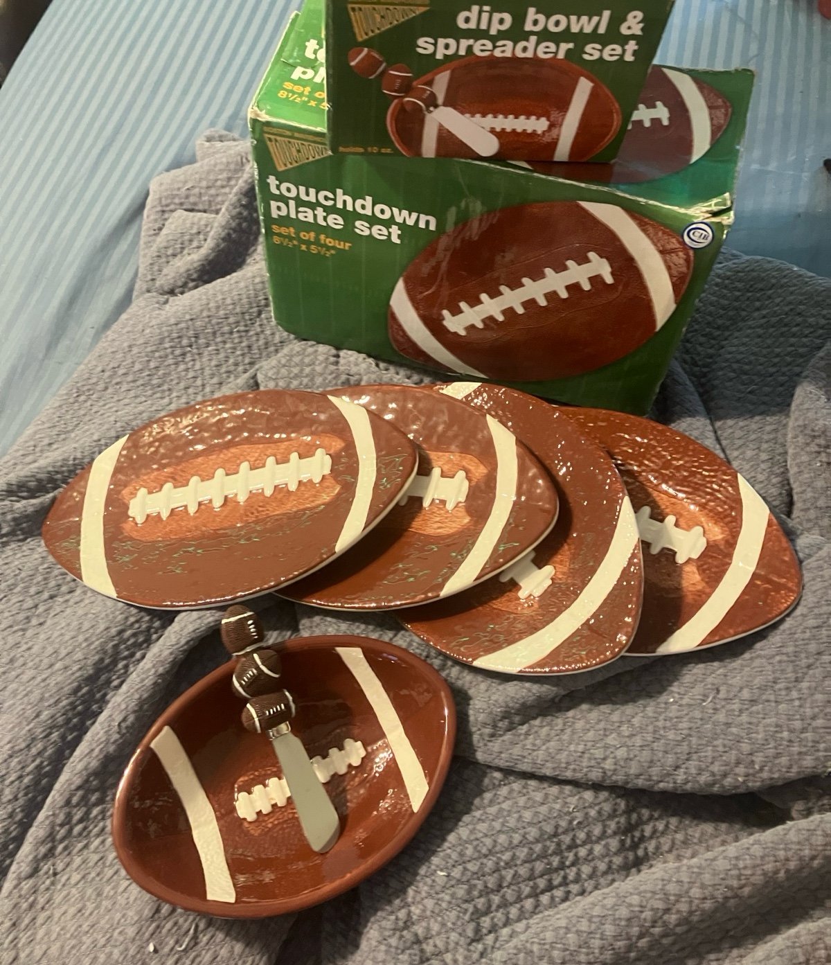 Football plate and dip set for football games or Super Bowl party