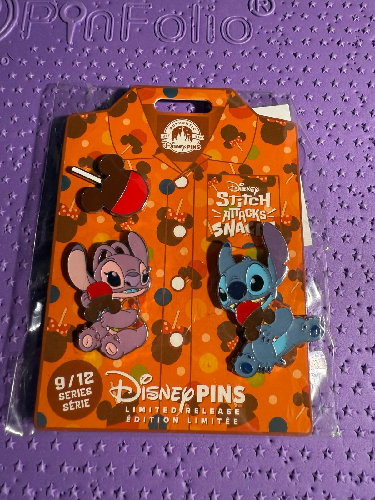 9/12 Disney Parks Stitch Angel Attacks Snacks Caramel Apple Pin Set LR September